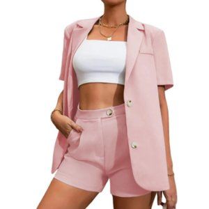 Women suit blazer and pants OL suit short sleeved shorts 2 piece set solid color